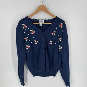 Vintage Erika Floral Embroidered 3D Knit Cardigan Sweater Navy Blue Size Large